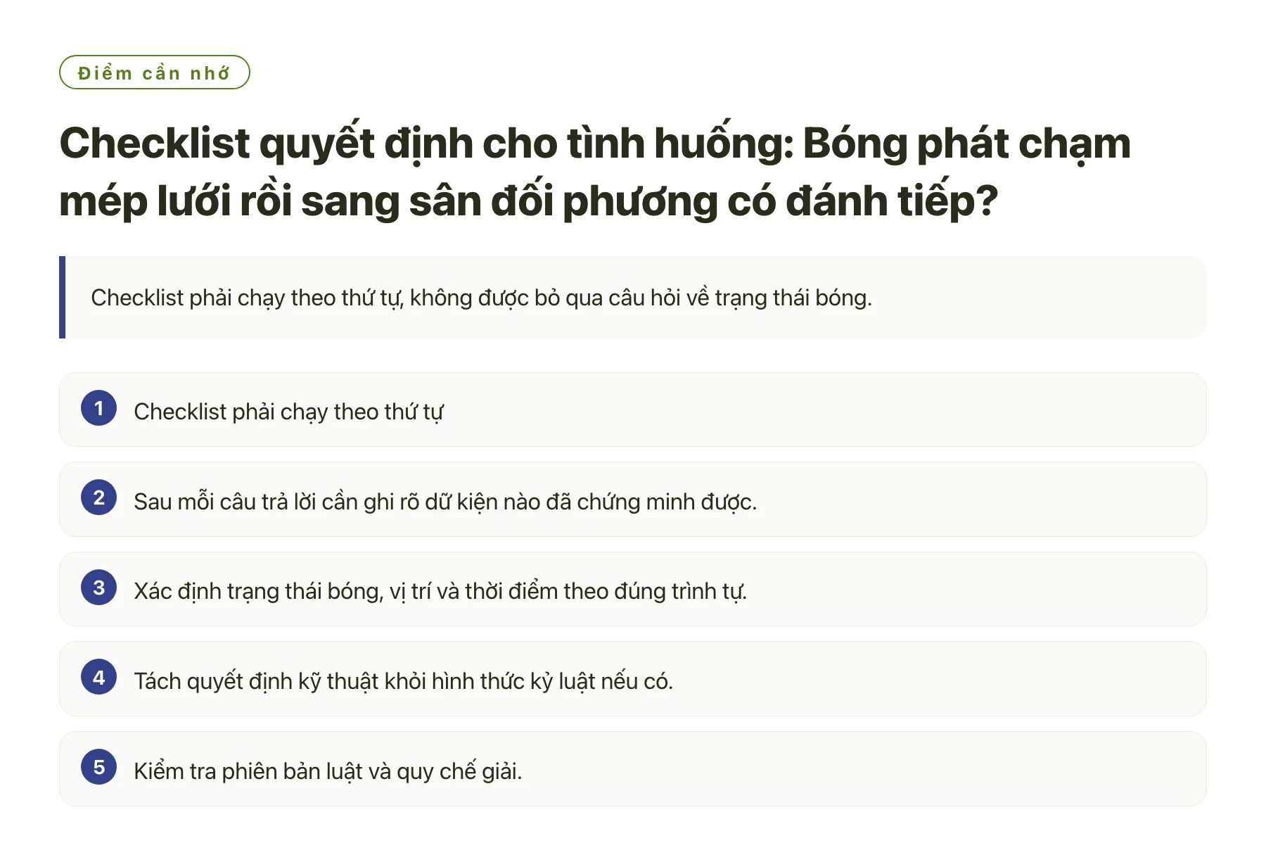Checklist quyết định cho tình huống: Bóng phát chạm mép lưới rồi sang sân đối phương có đánh tiếp?——全文要点速览